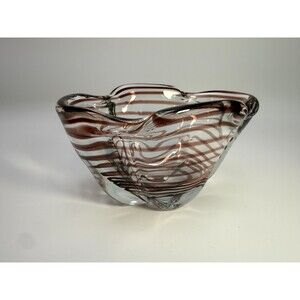 Vintage Hand-Blown Art Glass Bowl with Ribbon Swirls 7.5"